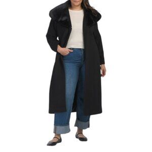 ANNE KLEIN Black Wool Blend Maxi Coat With Faux Fur Collar